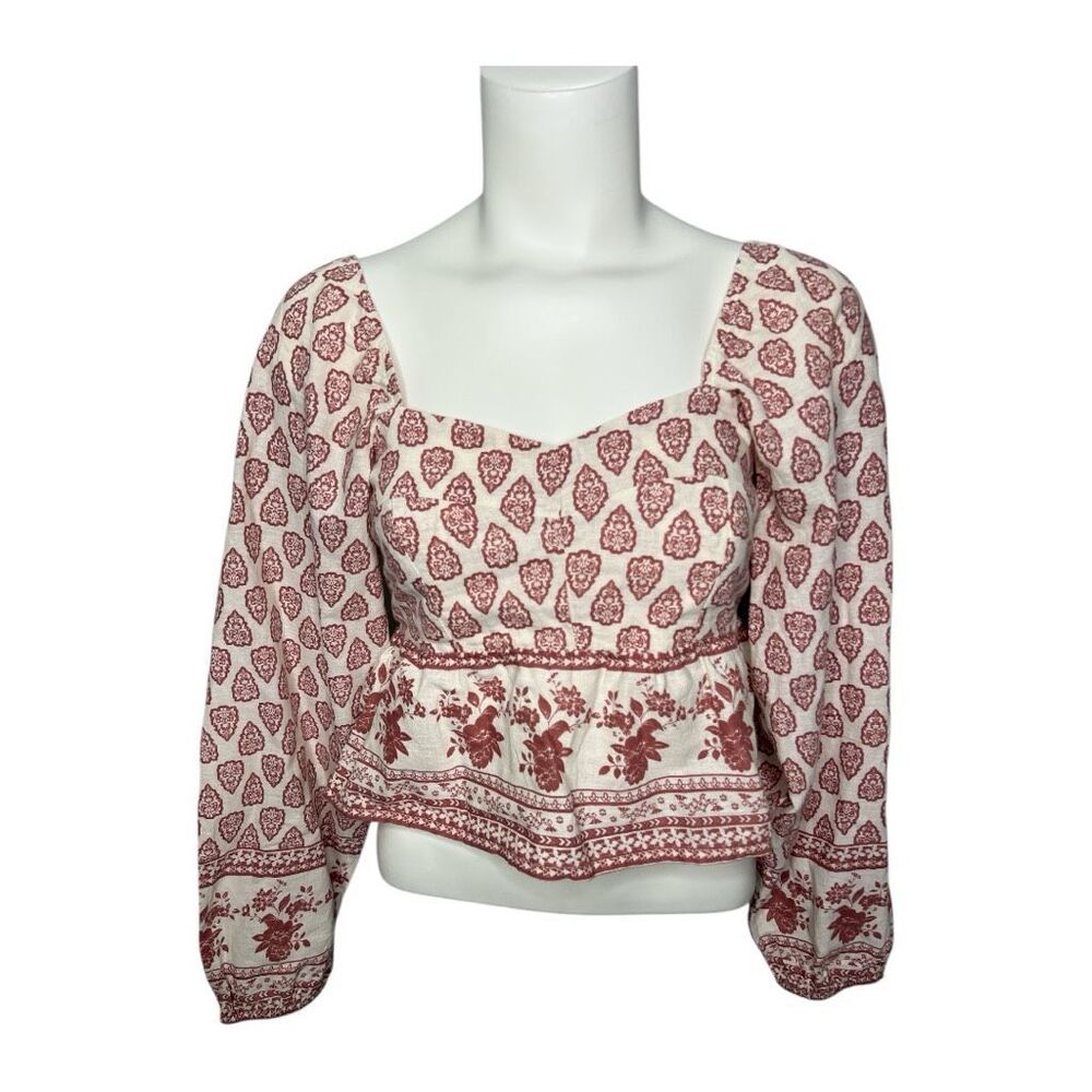 Sim & Sam Pink Mauve Cream Linen Blend Smocked‎ Peasant Top Medium NEW